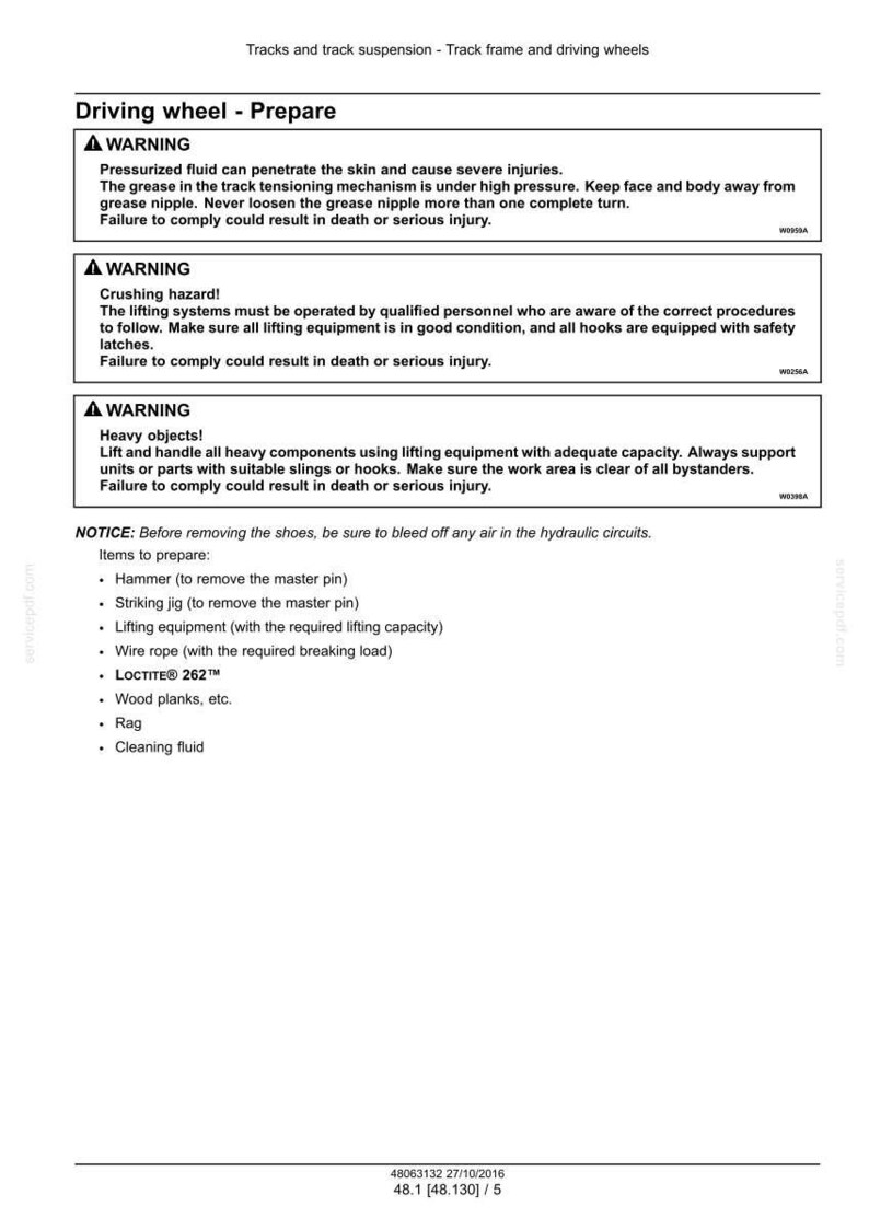 May include: A technical document with safety warnings and preparation instructions for a driving wheel. The document includes warnings about pressurized fluids, crushing hazards, and heavy objects. It also lists items needed for preparation.