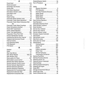 May include: A black and white printed index page from a technical manual, featuring two columns of text listing various tractor components and maintenance procedures alphabetically from Operators Cab Maintenance to Switch Differential Lock.