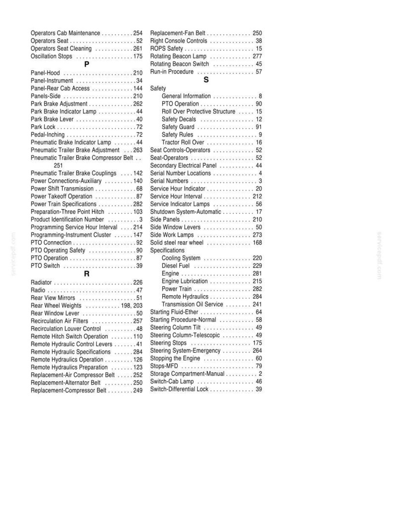 May include: A black and white printed index page from a technical manual, featuring two columns of text listing various tractor components and maintenance procedures alphabetically from Operators Cab Maintenance to Switch Differential Lock.