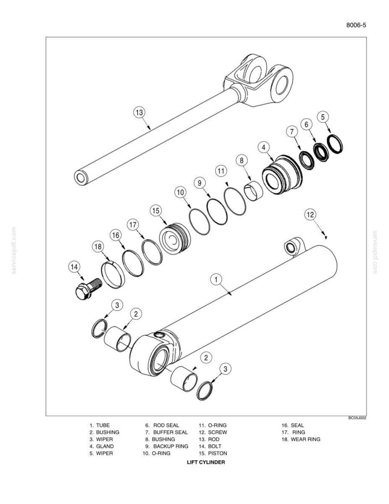 May include: An exploded view technical diagram of a lift cylinder assembly labeled 8006-5. The illustration displays eighteen numbered components including a tube, rod, piston, various seals, rings, bushings, and a bolt, with a legend at the bottom.