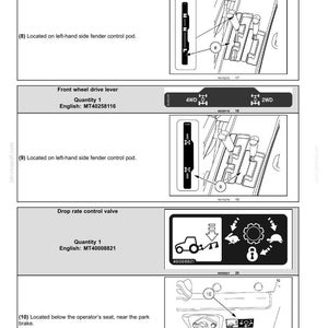 May include: A technical manual page titled 2-SAFETY INFORMATION displaying diagrams for a transmission range gear lever, a front wheel drive lever, and a drop rate control valve. Each section includes part numbers, labels, and line drawings showing component locations with numbered indicators.