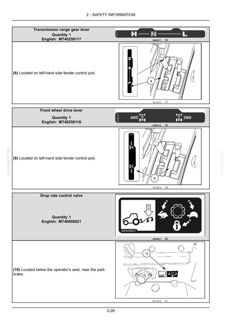 May include: A technical manual page titled 2-SAFETY INFORMATION displaying diagrams for a transmission range gear lever, a front wheel drive lever, and a drop rate control valve. Each section includes part numbers, labels, and line drawings showing component locations with numbered indicators.