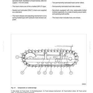 Pu&ograve; includere: Diagramma tecnico di un sottocarro, che mostra un cingolo, una ruota folle e rulli. L'illustrazione &egrave; etichettata con nomi e descrizioni dei componenti. Il testo include misure in millimetri.