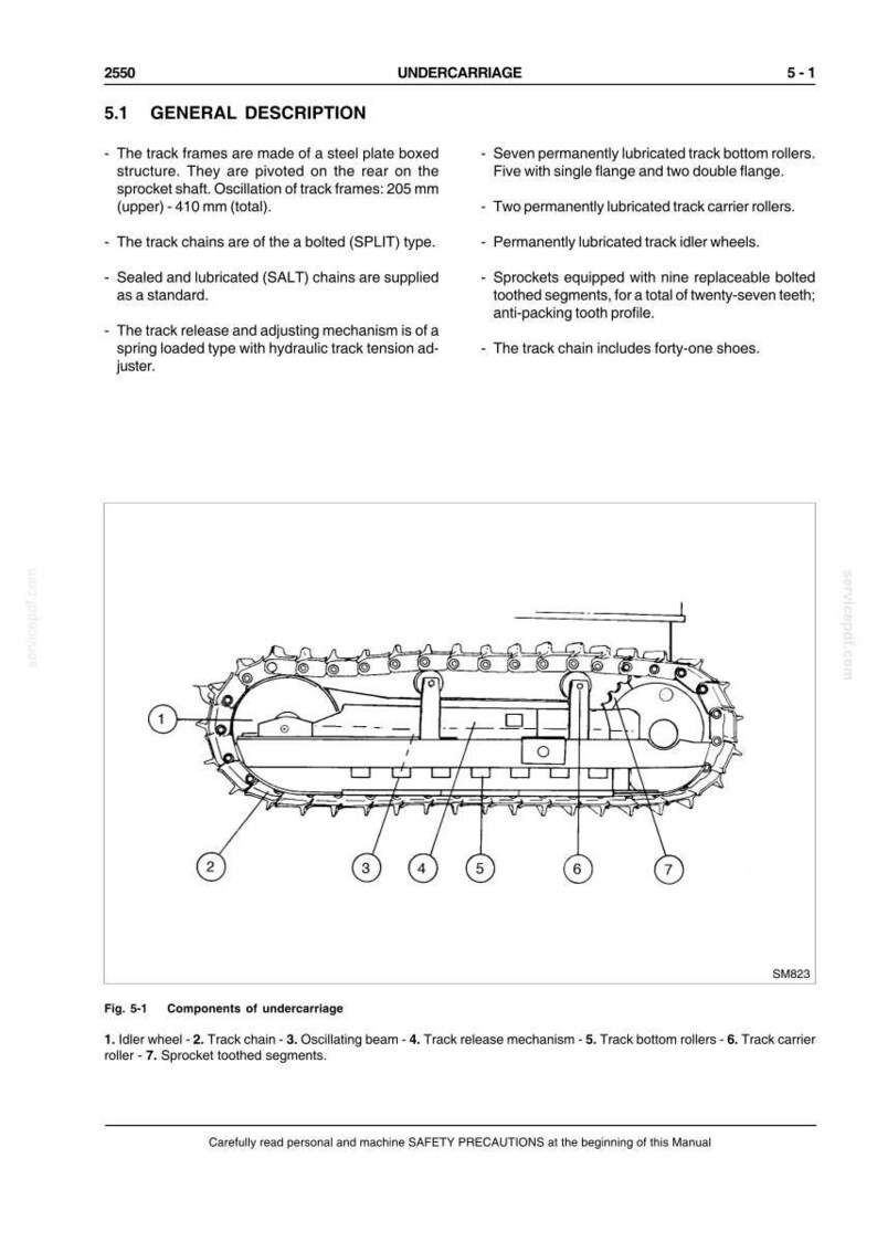Pu&ograve; includere: Diagramma tecnico di un sottocarro, che mostra un cingolo, una ruota folle e rulli. L'illustrazione &egrave; etichettata con nomi e descrizioni dei componenti. Il testo include misure in millimetri.