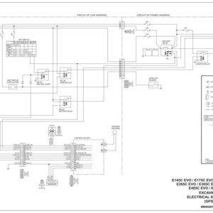 K&ouml;nnte beinhalten: Detaillierter elektrischer Schaltplan f&uuml;r einen Bagger, mit einem komplexen Netzwerk von Linien, Symbolen und Komponenten. Das Diagramm enth&auml;lt Textbeschriftungen und eine Legende mit dem Titel "EXCAVATOR ELECTRICAL SCHEMATIC (GPS)".
