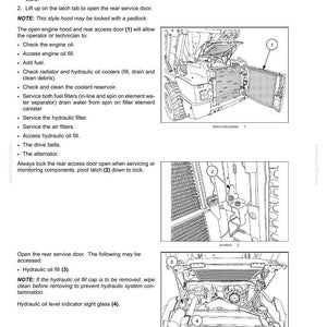 May include: A technical manual page titled 7-MAINTENANCE, Lubrication and maintenance access. It features three black and white line drawings of heavy machinery components, labelled 1, 2, 3, and 4, with instructional text for engine service.