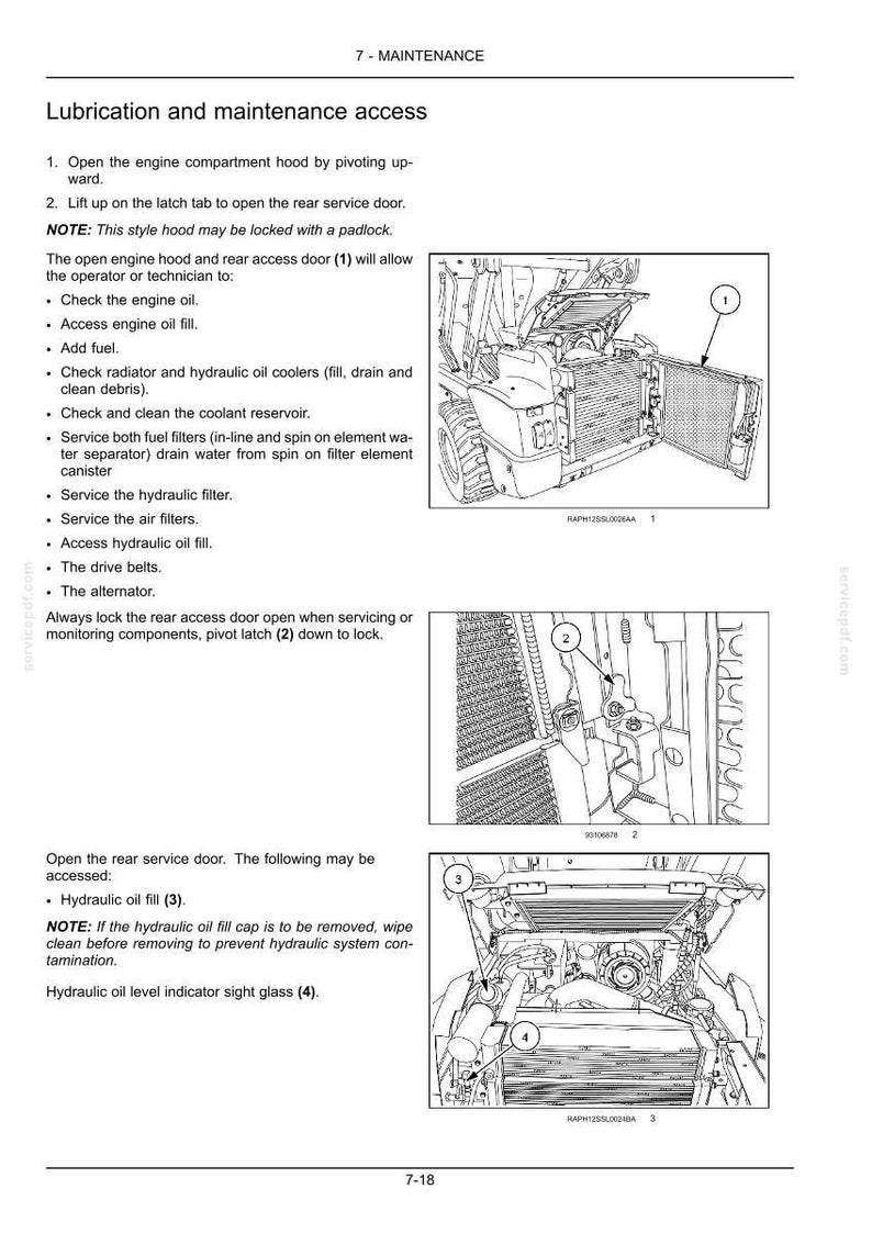 May include: A technical manual page titled 7-MAINTENANCE, Lubrication and maintenance access. It features three black and white line drawings of heavy machinery components, labelled 1, 2, 3, and 4, with instructional text for engine service.
