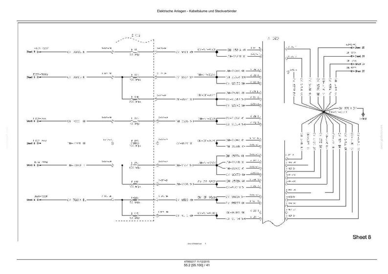 May include: A technical electrical schematic diagram titled Elektrische Anlagen - Kabelb&auml;ume und Steckverbinder, featuring black lines, text labels, and symbols representing wiring harnesses and connectors, with Sheet 8 noted at the bottom right.