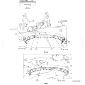 May include: Technical diagram of a mechanical component, featuring detailed line drawings of various parts. The diagram includes labels, measurements, and annotations, with a focus on the front and rear views of a circular structure. The document number is KMC10030-D00.