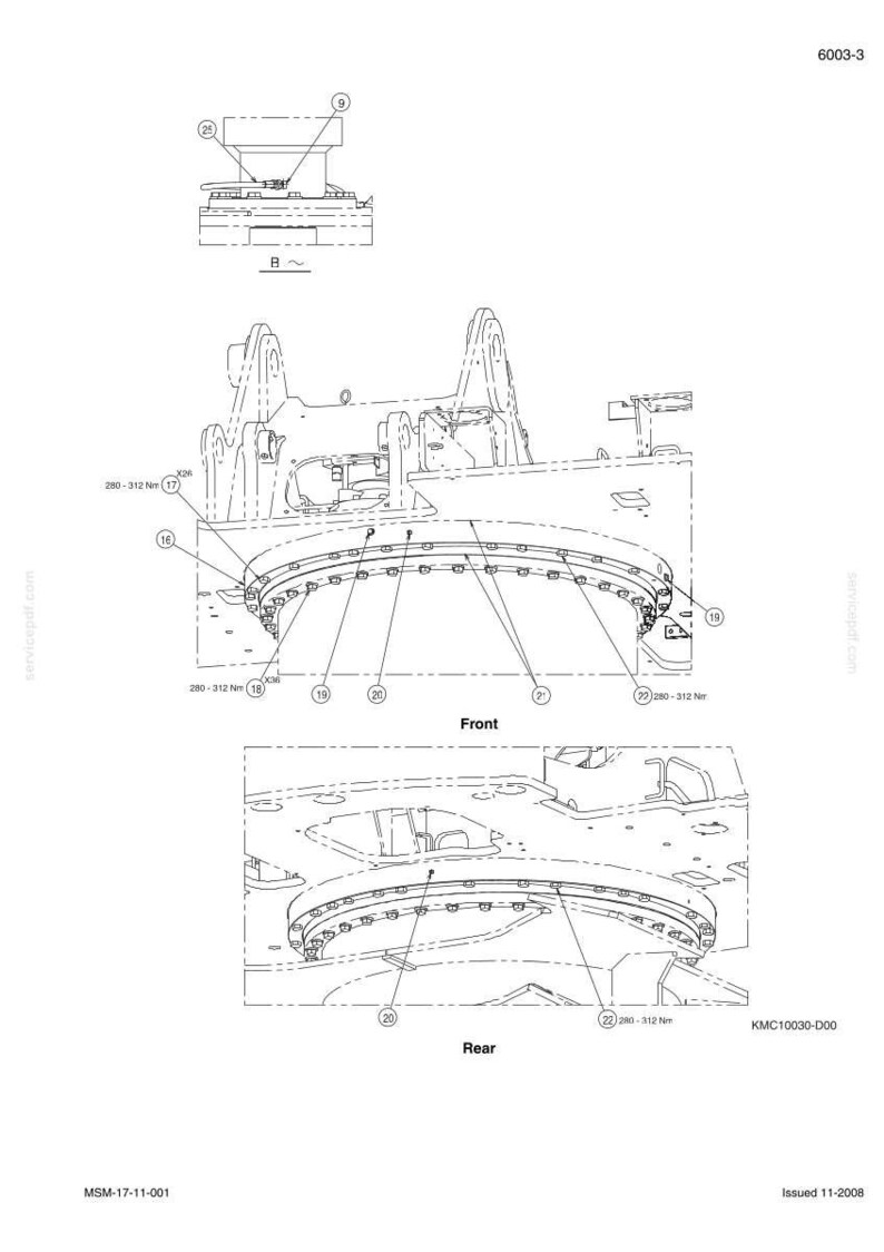 May include: Technical diagram of a mechanical component, featuring detailed line drawings of various parts. The diagram includes labels, measurements, and annotations, with a focus on the front and rear views of a circular structure. The document number is KMC10030-D00.