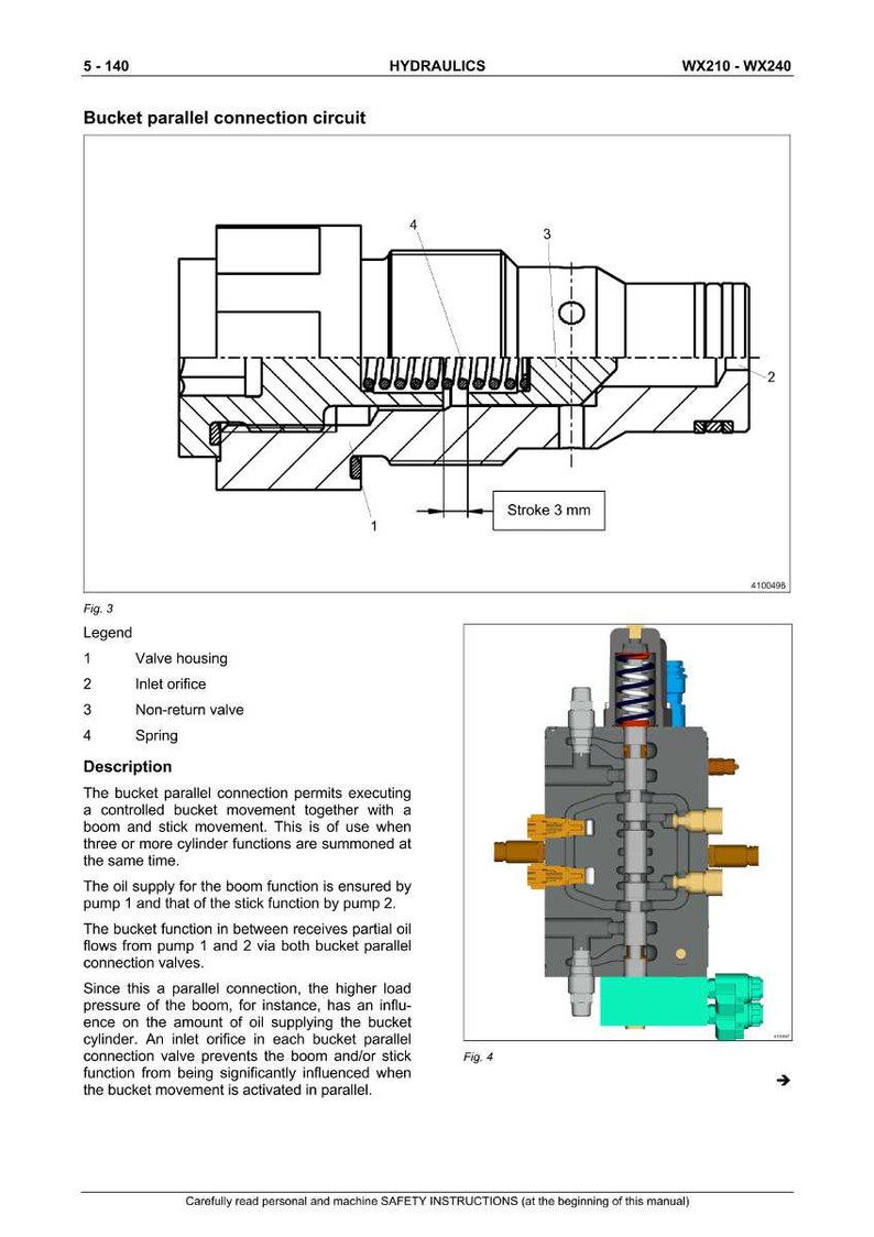 Op de afbeelding: Diagram van een parallelle emmerverbindingscircuit, gelabeld met nummers en beschrijvingen. Bevat een doorsnede en een gedetailleerd diagram van de hydraulische componenten. Tekst bevat "Slag 3 mm".