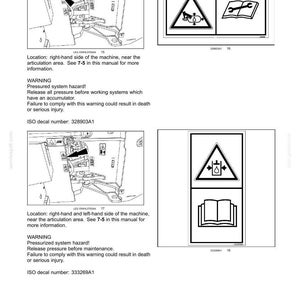 May include: A page from a manual with safety information. The page includes diagrams with warning symbols and text. The diagrams show a wrench and a book. The text warns of pressurized system hazards.