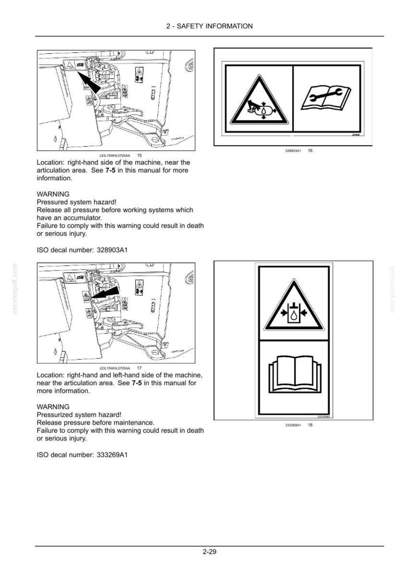 May include: A page from a manual with safety information. The page includes diagrams with warning symbols and text. The diagrams show a wrench and a book. The text warns of pressurized system hazards.