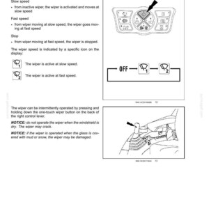 May include: Diagram of a vehicle's wiper controls, including slow and fast speed settings, and an off position. The image includes illustrations of the wiper button and lever, with text explaining the operation and warnings about use.