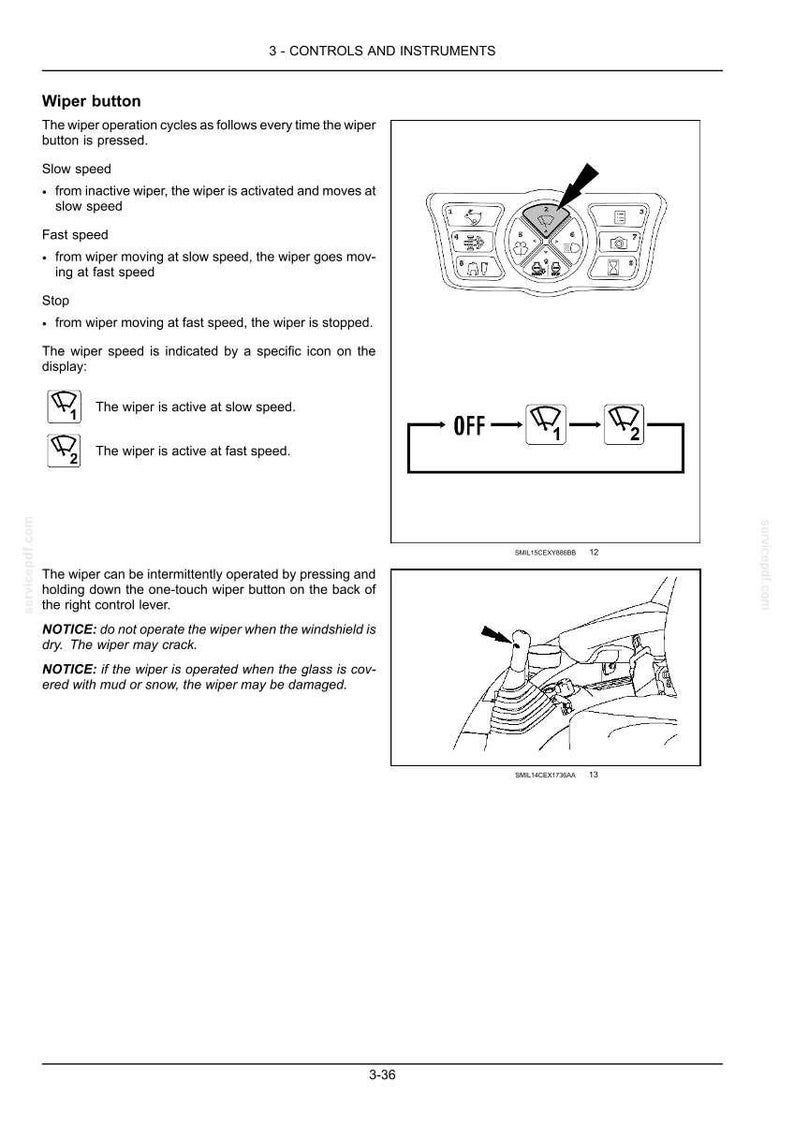 May include: Diagram of a vehicle's wiper controls, including slow and fast speed settings, and an off position. The image includes illustrations of the wiper button and lever, with text explaining the operation and warnings about use.