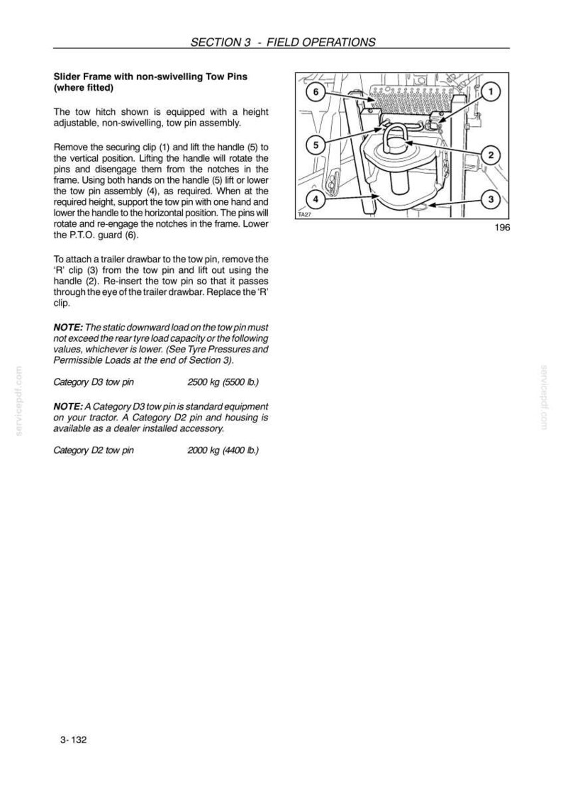 May include: A technical manual page titled SECTION 3 - FIELD OPERATIONS, featuring a black and white line drawing of a slider frame with non-swiveling tow pins. The diagram includes numbered labels 1 through 6 and text instructions for operation.