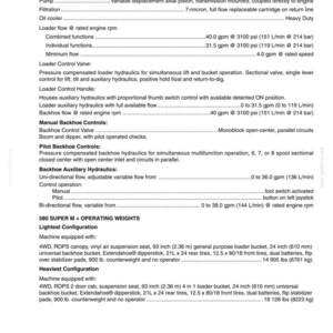 May include: A detailed specification sheet for a 580 Super M machine, listing hydraulic components like pump, filtration, and oil cooler. Includes flow rates, control valve details, and operating weights for lightest and heaviest configurations.