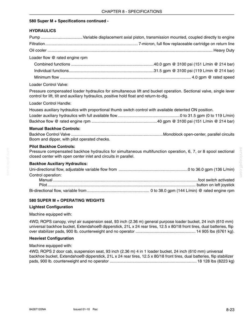 May include: A detailed specification sheet for a 580 Super M machine, listing hydraulic components like pump, filtration, and oil cooler. Includes flow rates, control valve details, and operating weights for lightest and heaviest configurations.