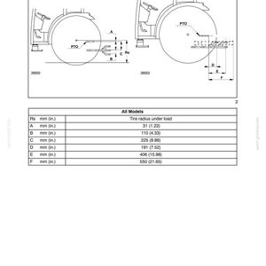 May include: A technical diagram labeled SECTION 7 - ACCESSORIES showing tractor PTO dimensions. Two line drawings illustrate measurement points A through F relative to the tire radius. A table lists values in mm and inches for all models.