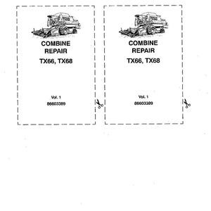 May include: A white paper sheet featuring two identical rectangular labels with dashed borders and scissor icons. Each label displays a black line drawing of a combine harvester, the text COMBINE REPAIR TX66, TX68, Vol. 1, and 86603389.