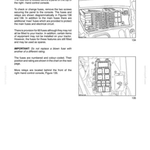 Puede incluir: Una p&aacute;gina de manual t&eacute;cnico titulada SECTION 4 - LUBRICATION AND MAINTENANCE, OPERATION 48 FUSES AND RELAYS. Incluye instrucciones de texto y dos dibujos lineales en blanco y negro, Figura 134 y Figura 135, que muestran cajas de fusibles.