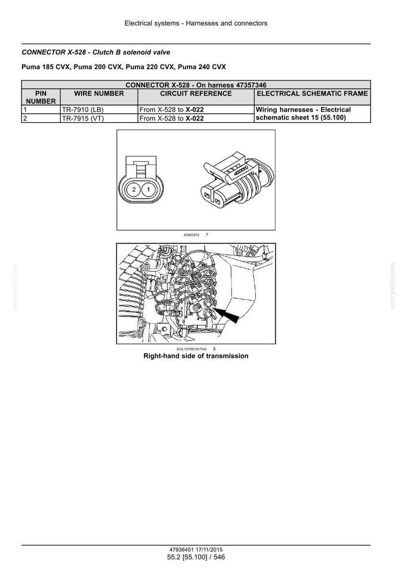 Peut inclure: Sch&eacute;ma des connecteurs &eacute;lectriques et des faisceaux de c&acirc;bles pour les mod&egrave;les Puma CVX. Comprend un tableau avec les num&eacute;ros de broches, les num&eacute;ros de fils et les r&eacute;f&eacute;rences de circuits.  Il montre &eacute;galement un sch&eacute;ma du c&ocirc;t&eacute; droit de la transmission.