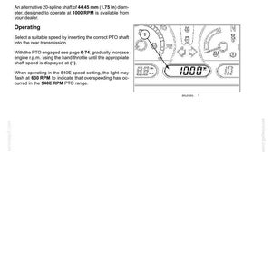 May include: A technical manual page titled 6-WORKING OPERATIONS detailing a PTO 2 speed system. It includes text about shaft specifications of 34.9 mm (1.4 in) and 44.45 mm (1.75 in), operating instructions, and a diagram of a digital display showing 1000 RPM.