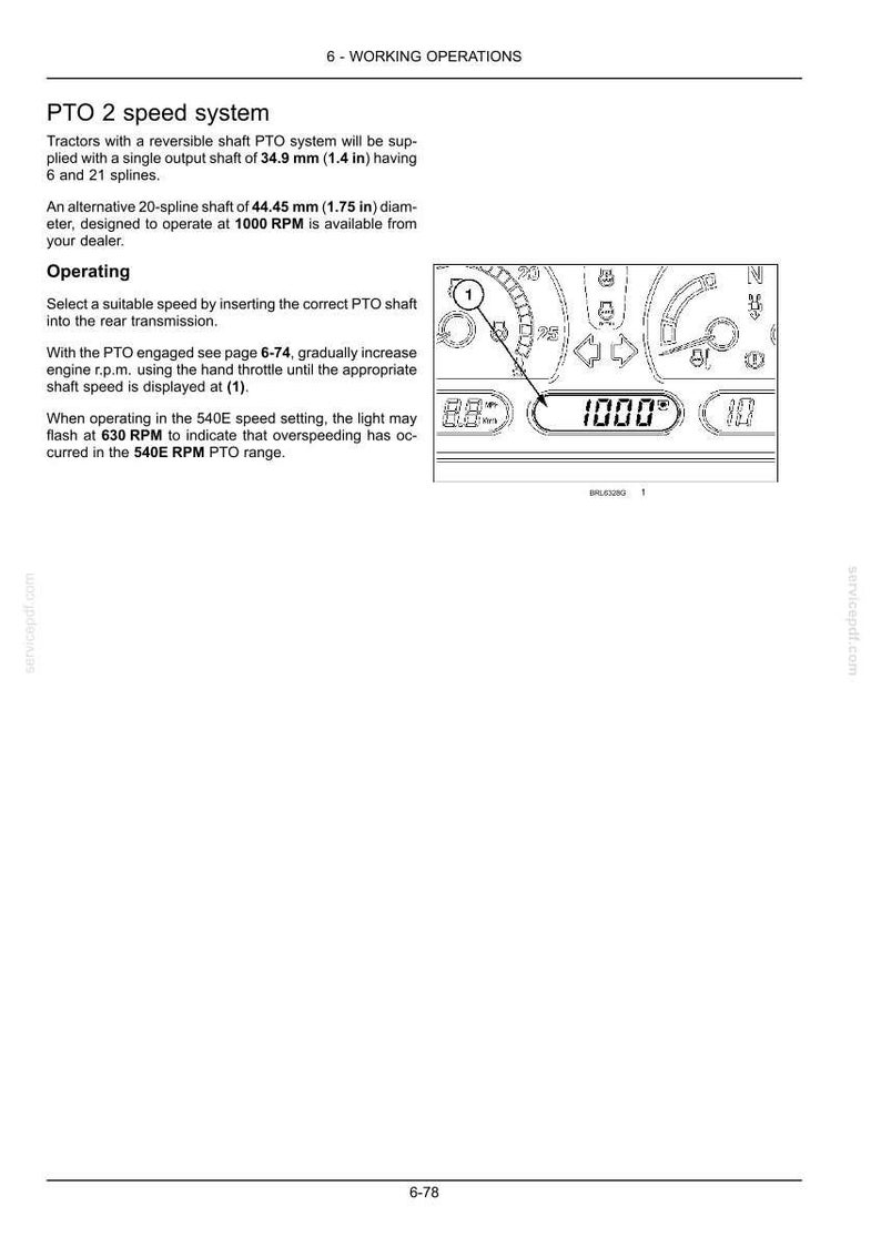 May include: A technical manual page titled 6-WORKING OPERATIONS detailing a PTO 2 speed system. It includes text about shaft specifications of 34.9 mm (1.4 in) and 44.45 mm (1.75 in), operating instructions, and a diagram of a digital display showing 1000 RPM.