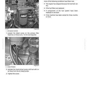 May include: A page from a manual detailing the process of removing air from the fuel system of a 580M machine. The image shows a fuel filter and hand primer with instructions for use.