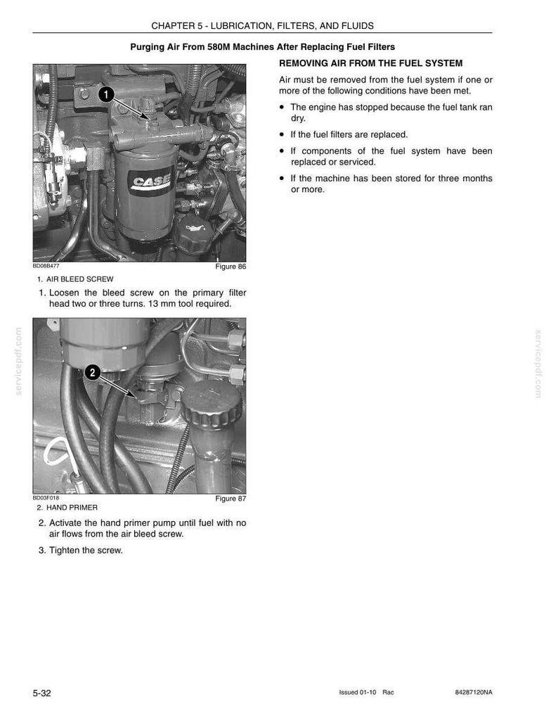 May include: A page from a manual detailing the process of removing air from the fuel system of a 580M machine. The image shows a fuel filter and hand primer with instructions for use.