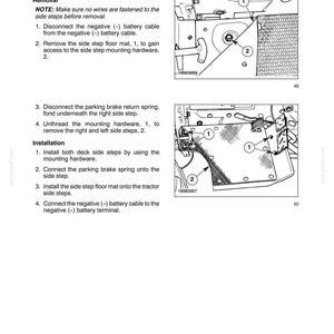 May include: A technical manual page titled SECTION 90 - PLATFORM - CHAPTER 1, detailing the removal and installation of side steps. It includes two black and white line drawings labeled with numbers 1 and 2, showing mounting hardware and components.