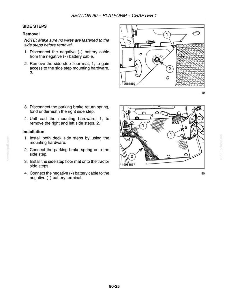 May include: A technical manual page titled SECTION 90 - PLATFORM - CHAPTER 1, detailing the removal and installation of side steps. It includes two black and white line drawings labeled with numbers 1 and 2, showing mounting hardware and components.