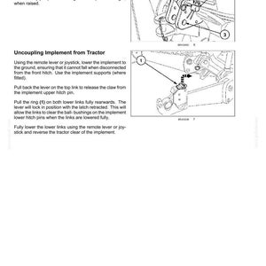 May include: A technical manual page titled 6 - WORKING OPERATIONS featuring two black and white line drawings of tractor hitch mechanisms. The diagrams include numbered labels 1, 2, and 3, with instructional text explaining how to connect and uncouple implements.