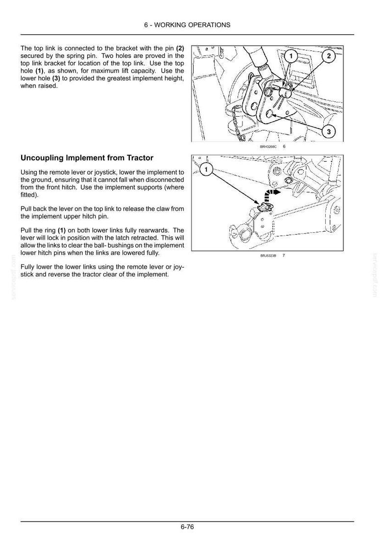 May include: A technical manual page titled 6 - WORKING OPERATIONS featuring two black and white line drawings of tractor hitch mechanisms. The diagrams include numbered labels 1, 2, and 3, with instructional text explaining how to connect and uncouple implements.