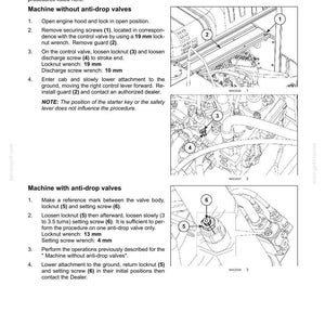 May include: A technical manual page titled Emergency boom lowering, featuring black and white line drawings of machinery components labeled 1 through 6. The text provides instructions for machines with and without anti-drop valves, including specific 19 mm, 10 mm, 13 mm, and 4 mm wrench sizes for maintenance procedures.