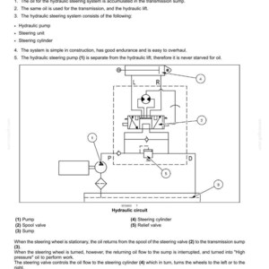 May include: Diagram of a hydraulic steering system, detailing components like the hydraulic pump, spool valve, and steering cylinder. The diagram includes labels and arrows illustrating the oil flow within the system.