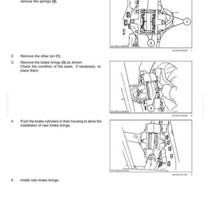 May include: Diagram illustrating the replacement of brake linings. The image shows detailed steps, including removing pins and springs, checking seals, and installing new linings. Text includes "Brake Lining - Replace" and step-by-step instructions.