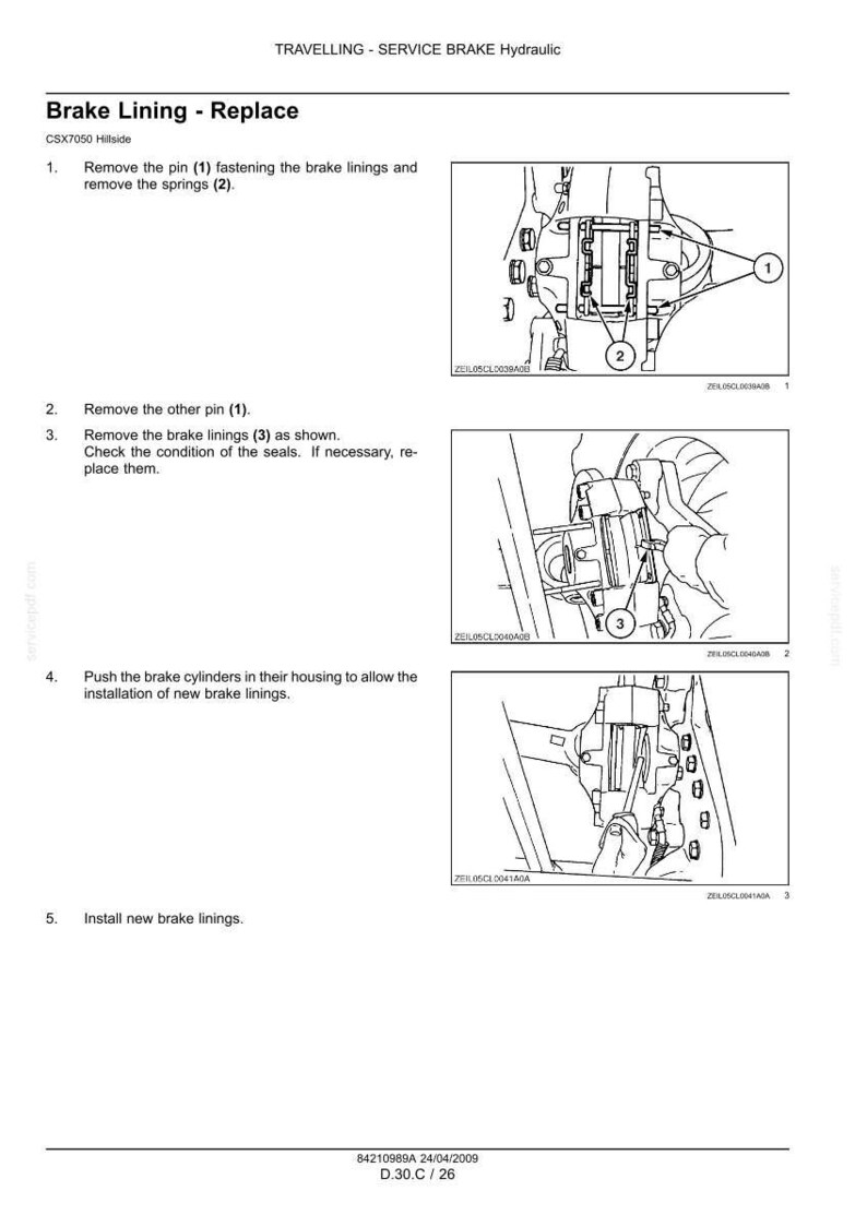 May include: Diagram illustrating the replacement of brake linings. The image shows detailed steps, including removing pins and springs, checking seals, and installing new linings. Text includes "Brake Lining - Replace" and step-by-step instructions.