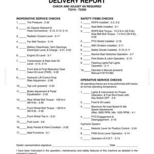 May include: A black and white Dealer Copy Delivery Report document for T2310 and T2320 models. It lists Inoperative Service Checks, Safety Items Checks, and Operative Service Checks with numbered lines, technical references, and signature fields.
