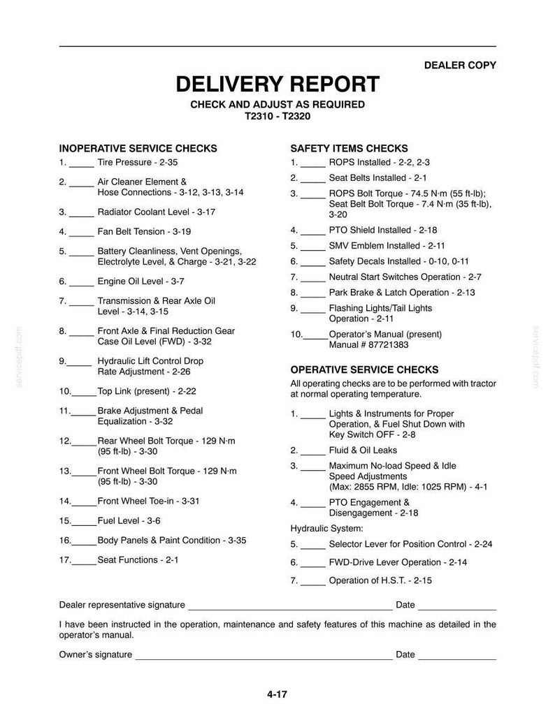 May include: A black and white Dealer Copy Delivery Report document for T2310 and T2320 models. It lists Inoperative Service Checks, Safety Items Checks, and Operative Service Checks with numbered lines, technical references, and signature fields.