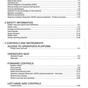 May include: A white document titled "Contents" with a table of contents for a manual. Sections include General Information, Safety Information, Controls and Instruments, and Forward Controls. The document is for a machine.