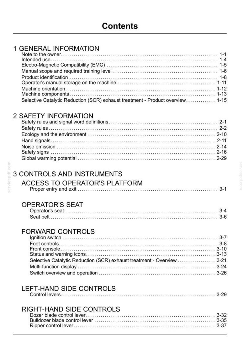 May include: A white document titled "Contents" with a table of contents for a manual. Sections include General Information, Safety Information, Controls and Instruments, and Forward Controls. The document is for a machine.