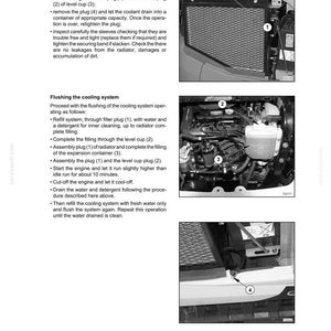 May include: A page from a maintenance manual detailing coolant draining and flushing procedures. The image shows close-up views of engine components, including a radiator, filler plug, and level cup. Text and diagrams provide step-by-step instructions for the maintenance tasks.