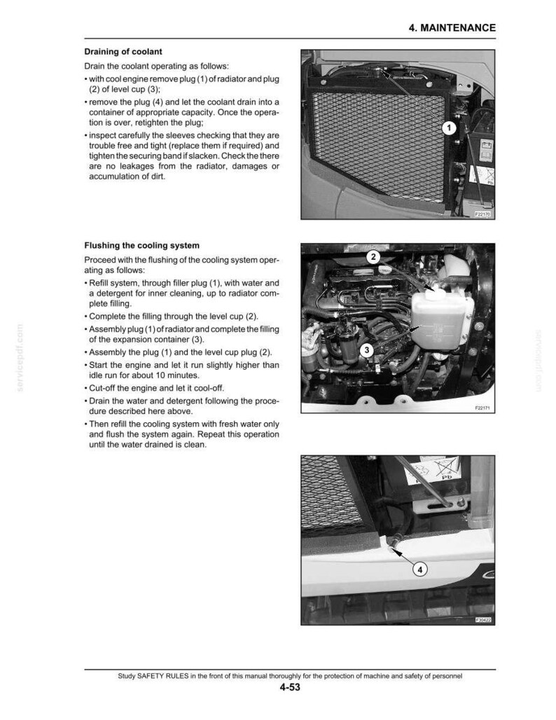 May include: A page from a maintenance manual detailing coolant draining and flushing procedures. The image shows close-up views of engine components, including a radiator, filler plug, and level cup. Text and diagrams provide step-by-step instructions for the maintenance tasks.