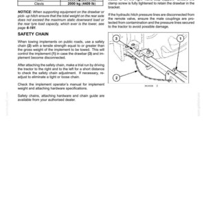 May include: A technical document page titled 6-WORKING OPERATIONS detailing maximum permissible drawbar loads for hook and clevis hitches, safety chain usage instructions, and a diagram showing the implement, safety chain, and drawbar components.