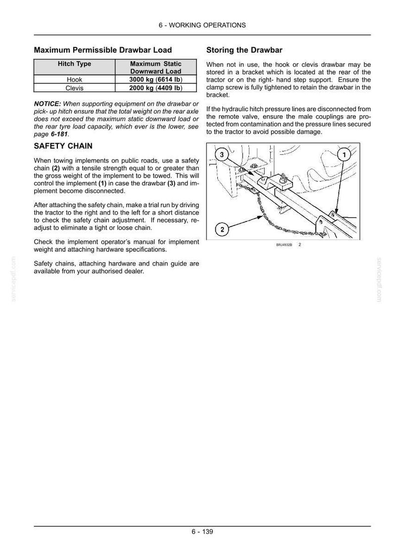 May include: A technical document page titled 6-WORKING OPERATIONS detailing maximum permissible drawbar loads for hook and clevis hitches, safety chain usage instructions, and a diagram showing the implement, safety chain, and drawbar components.