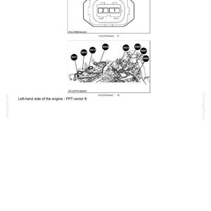 May include: Diagram of electrical systems, harnesses, and connectors. The image includes a detailed illustration of a connector with numbered terminals and a diagram of the left-hand side of an engine, labeled with various reference points.