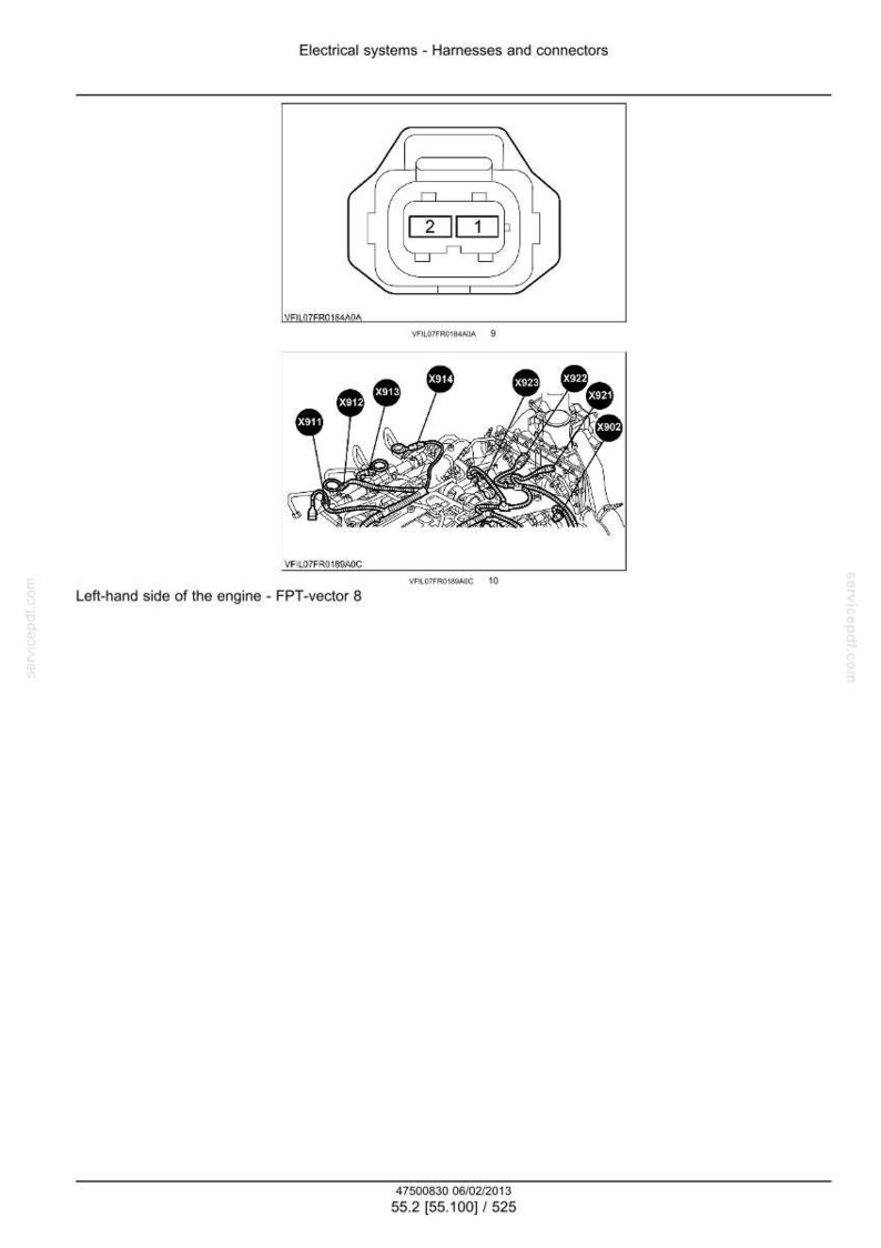 May include: Diagram of electrical systems, harnesses, and connectors. The image includes a detailed illustration of a connector with numbered terminals and a diagram of the left-hand side of an engine, labeled with various reference points.