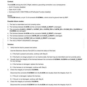 May include: A document detailing fault codes for electrical systems, specifically addressing a short to ground issue at the AUX 2 Right High Side Driver. Includes troubleshooting steps and connector checks.