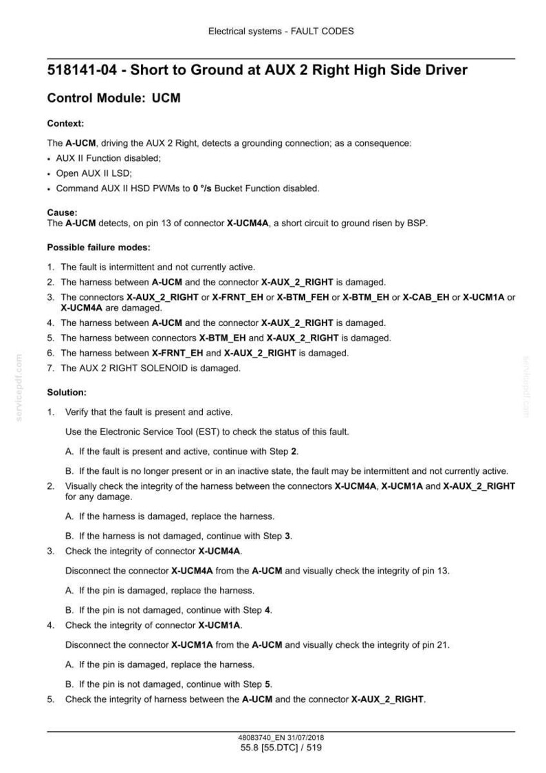 May include: A document detailing fault codes for electrical systems, specifically addressing a short to ground issue at the AUX 2 Right High Side Driver. Includes troubleshooting steps and connector checks.